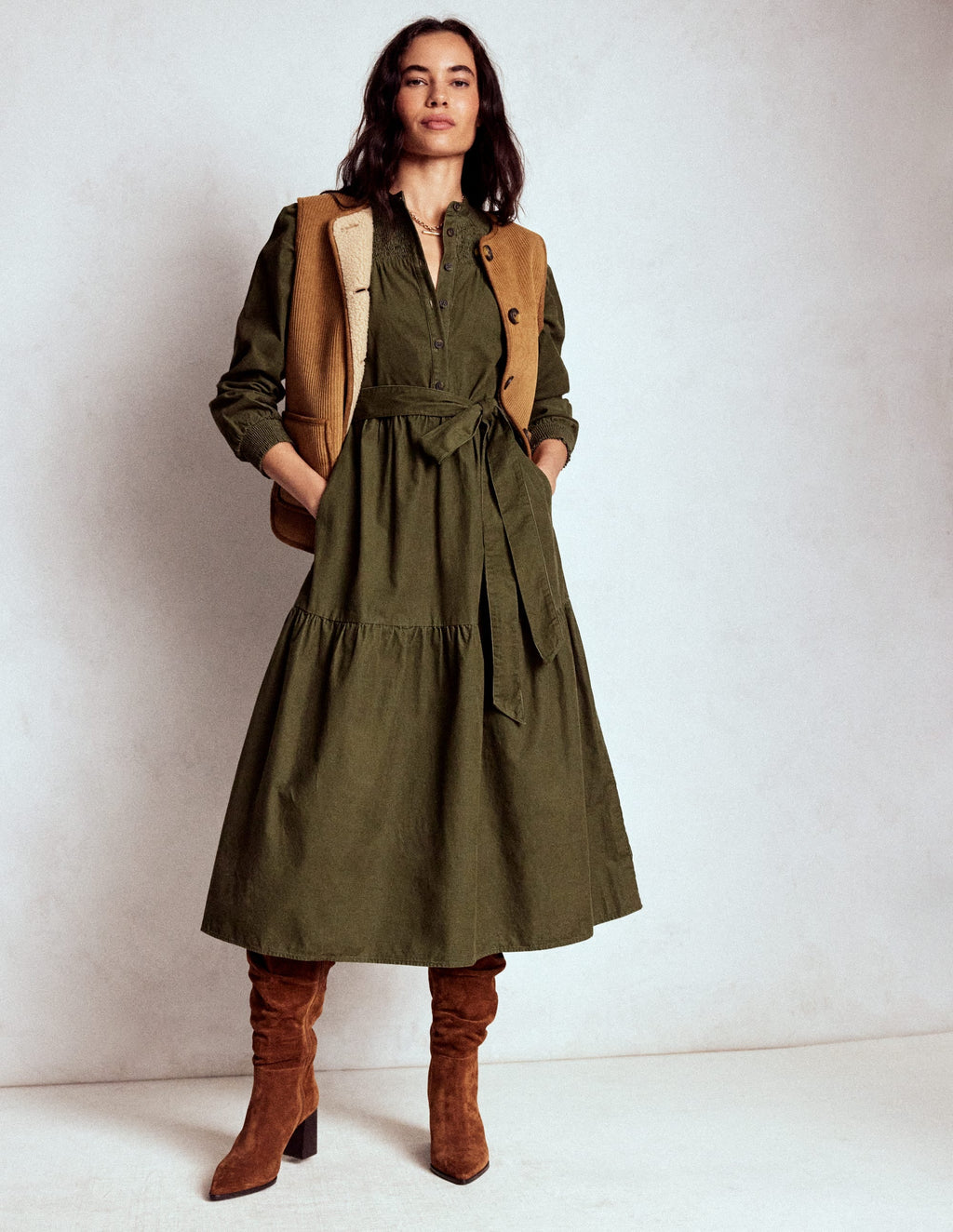 Cecily Cord Midi Dress-Woodland Green