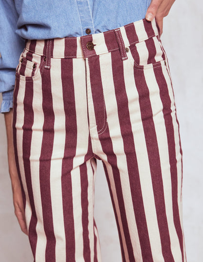 High Rise Column Leg Jeans-Maroon and Ivory Stripe
