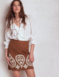 Embroidered Linen Skirt-Russet