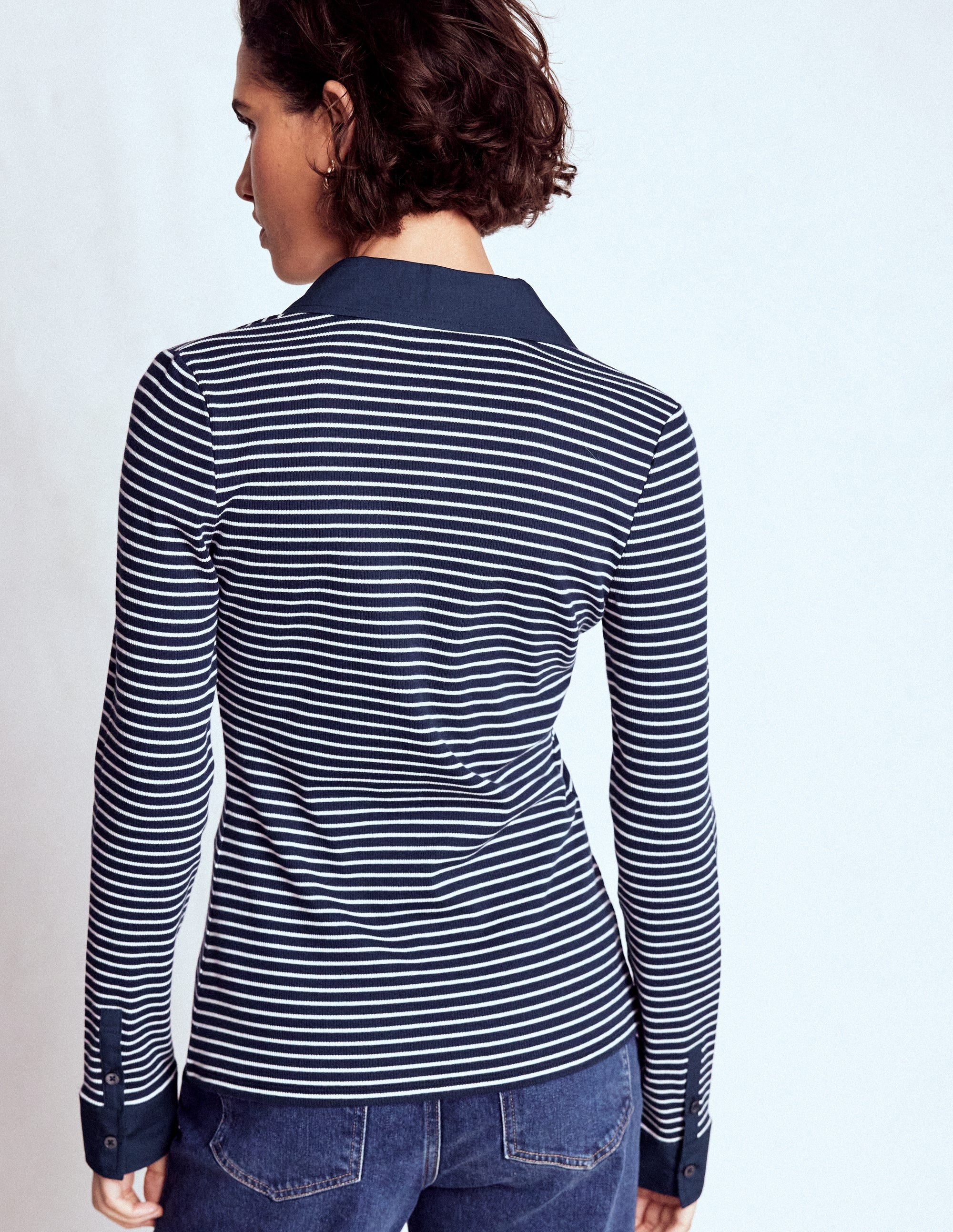 Collared Button Through Top-Navy and Ivory Stripe