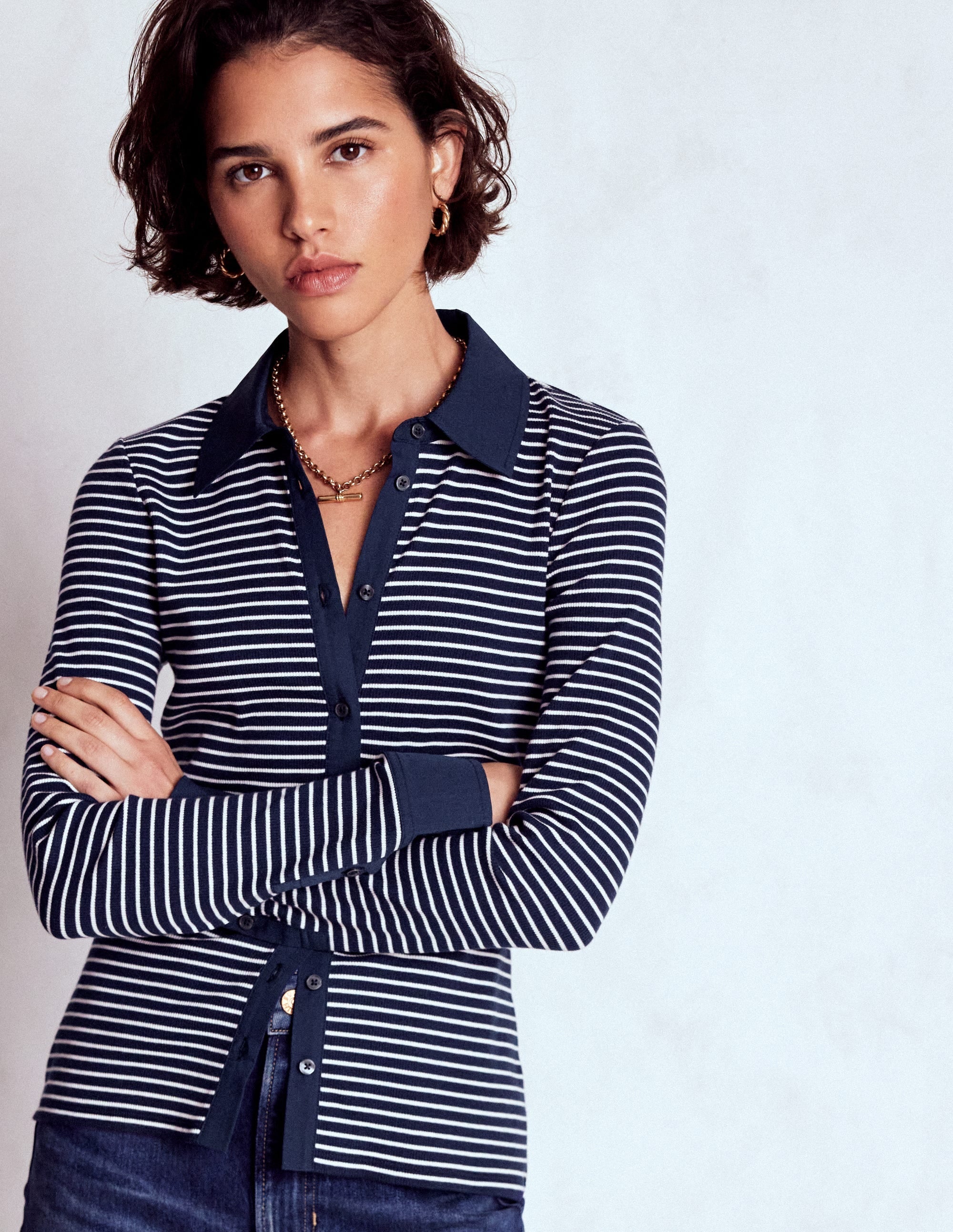 Collared Button Through Top-Navy and Ivory Stripe