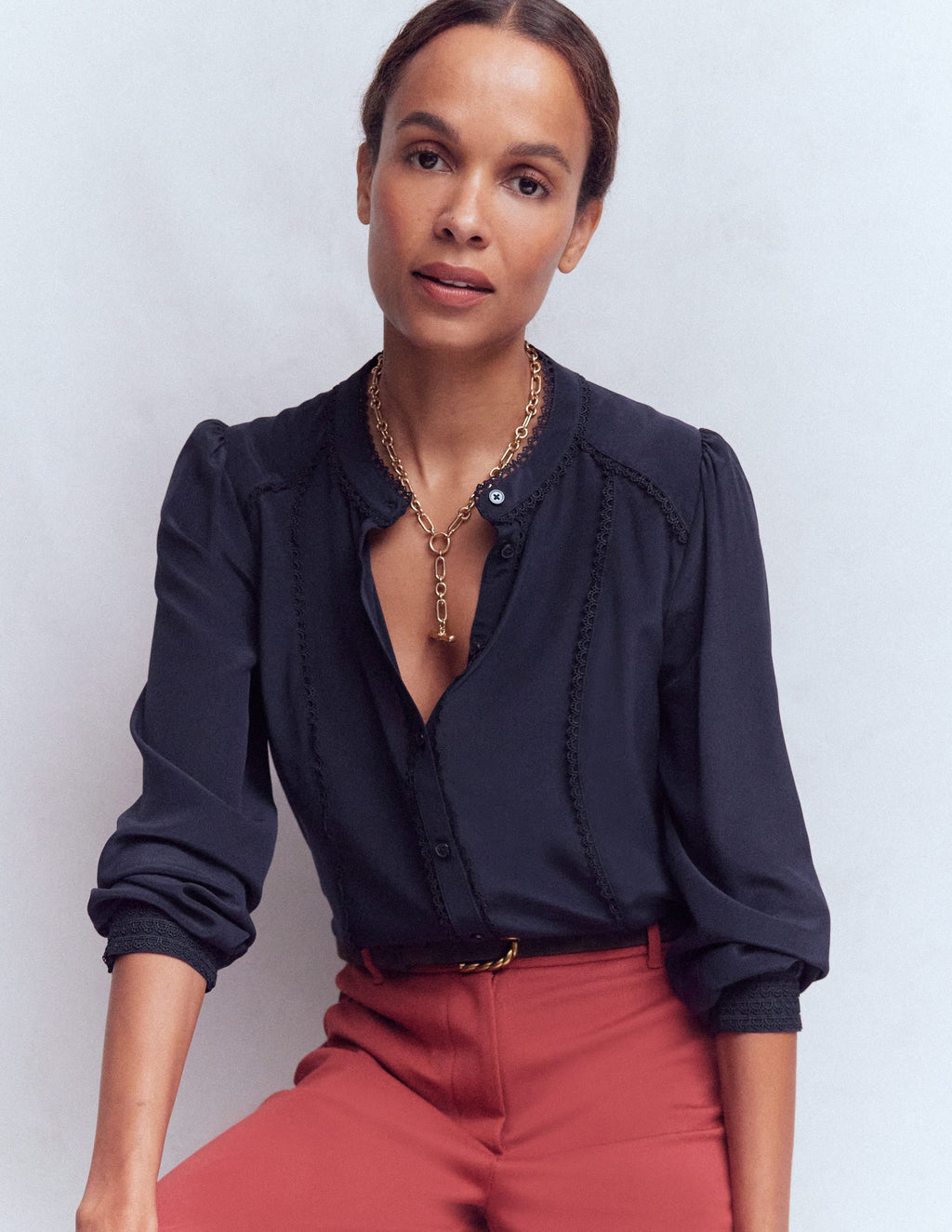 Rhea Trim Detail Silk Top-Denim Blue, Blossomy Sprig