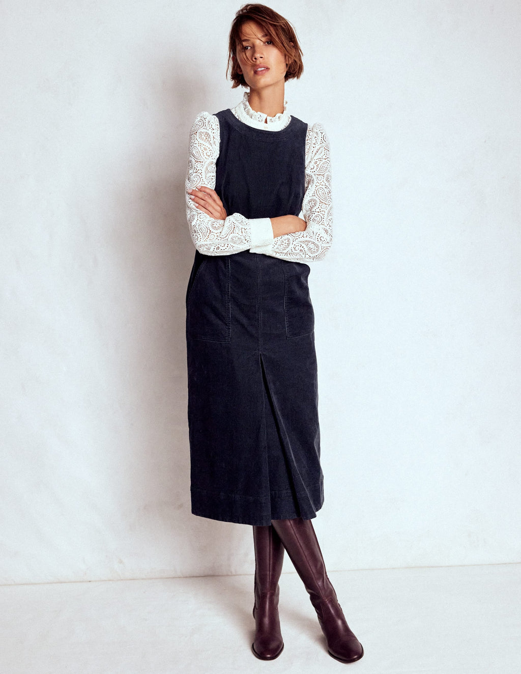 Ula Box Pleat Cord Midi Dress-Midnight Blue