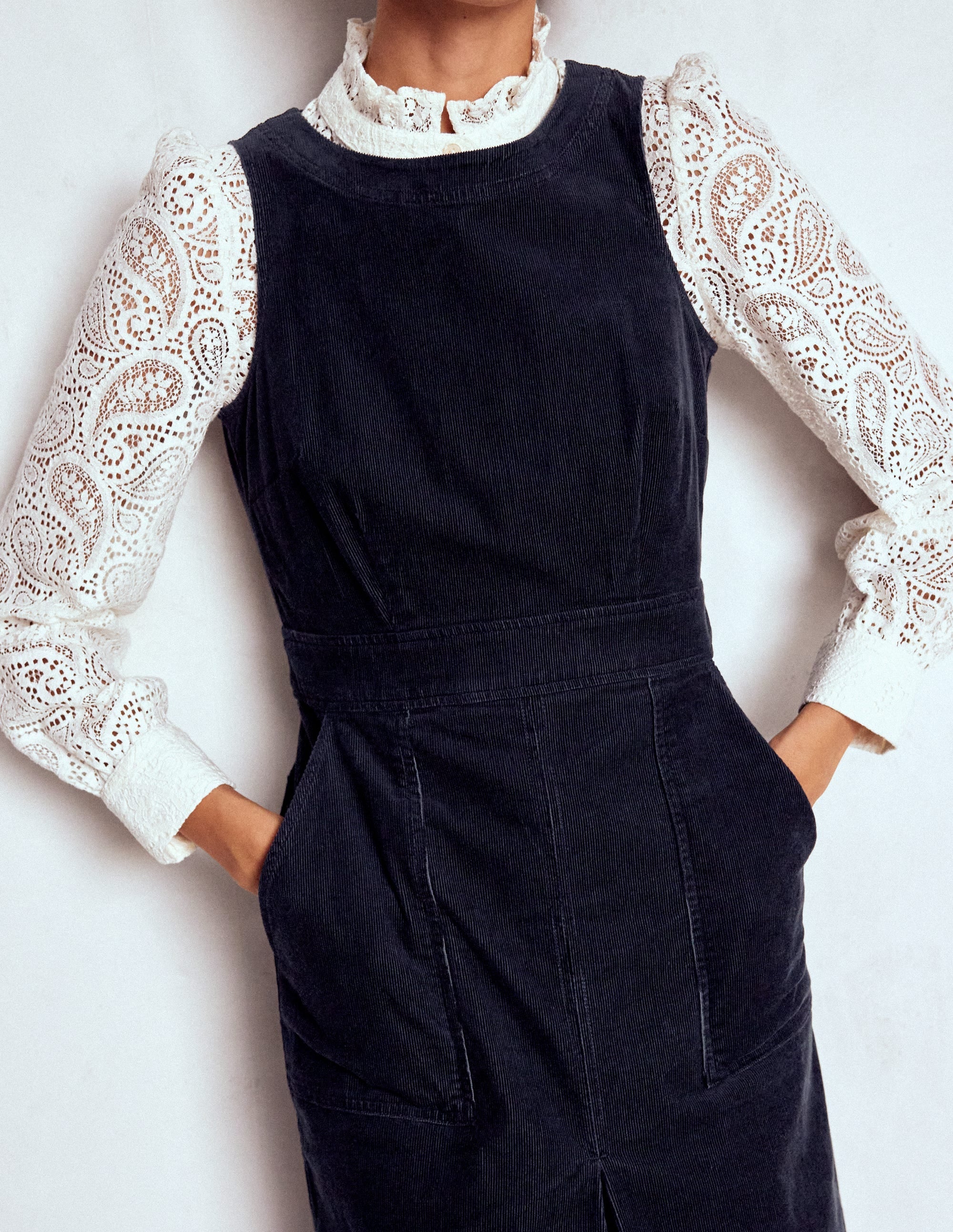 Ula Box Pleat Cord Midi Dress-Midnight Blue