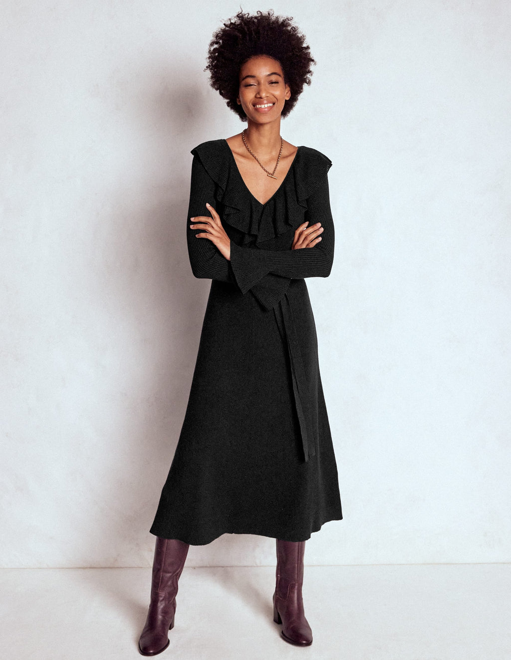 Ruffled Ribbed Dress-Black