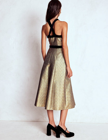 Halter Fit & Flare Gold Dress-Gold