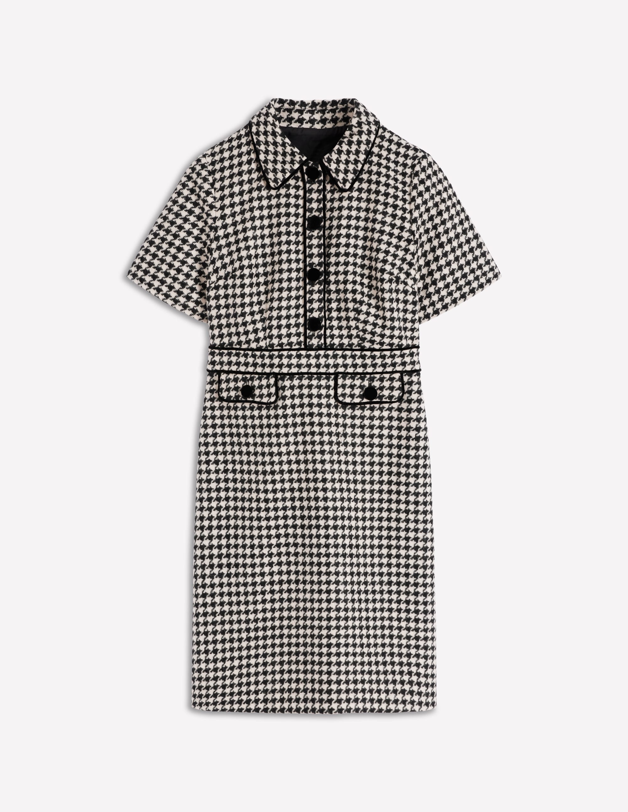 Eda Wool Shift Dress-Black Dogstooth