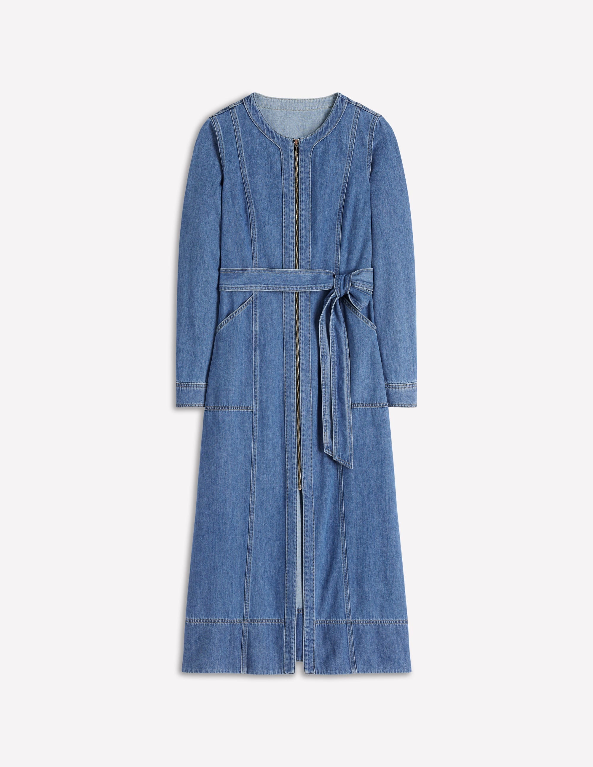 Zip Denim Straight Dress-Mid Vintage Denim