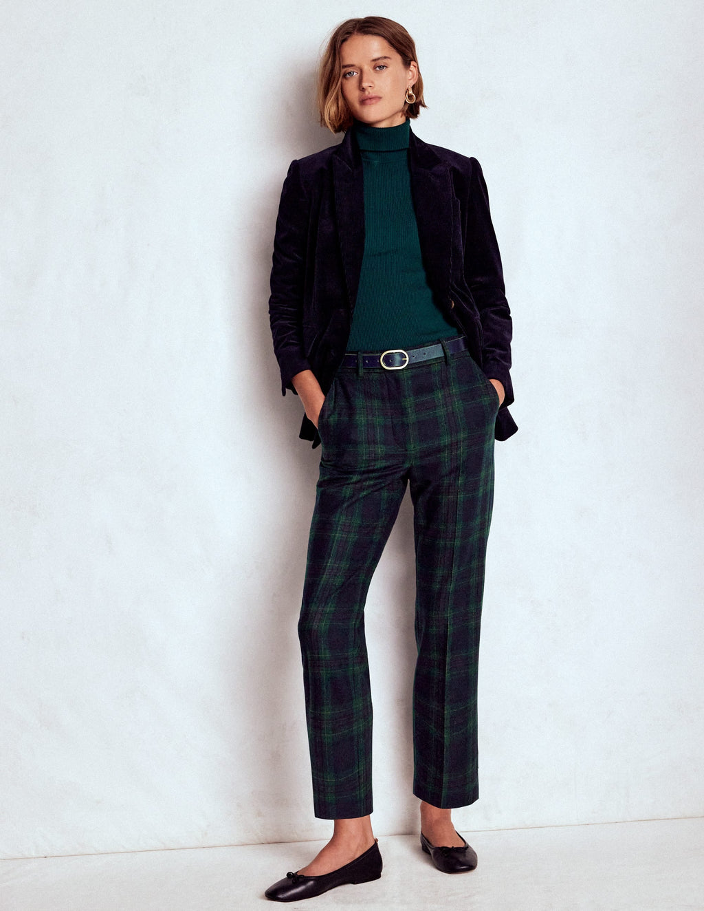 Canonbury Wool Blend Pants-Navy and Green Tonal Check