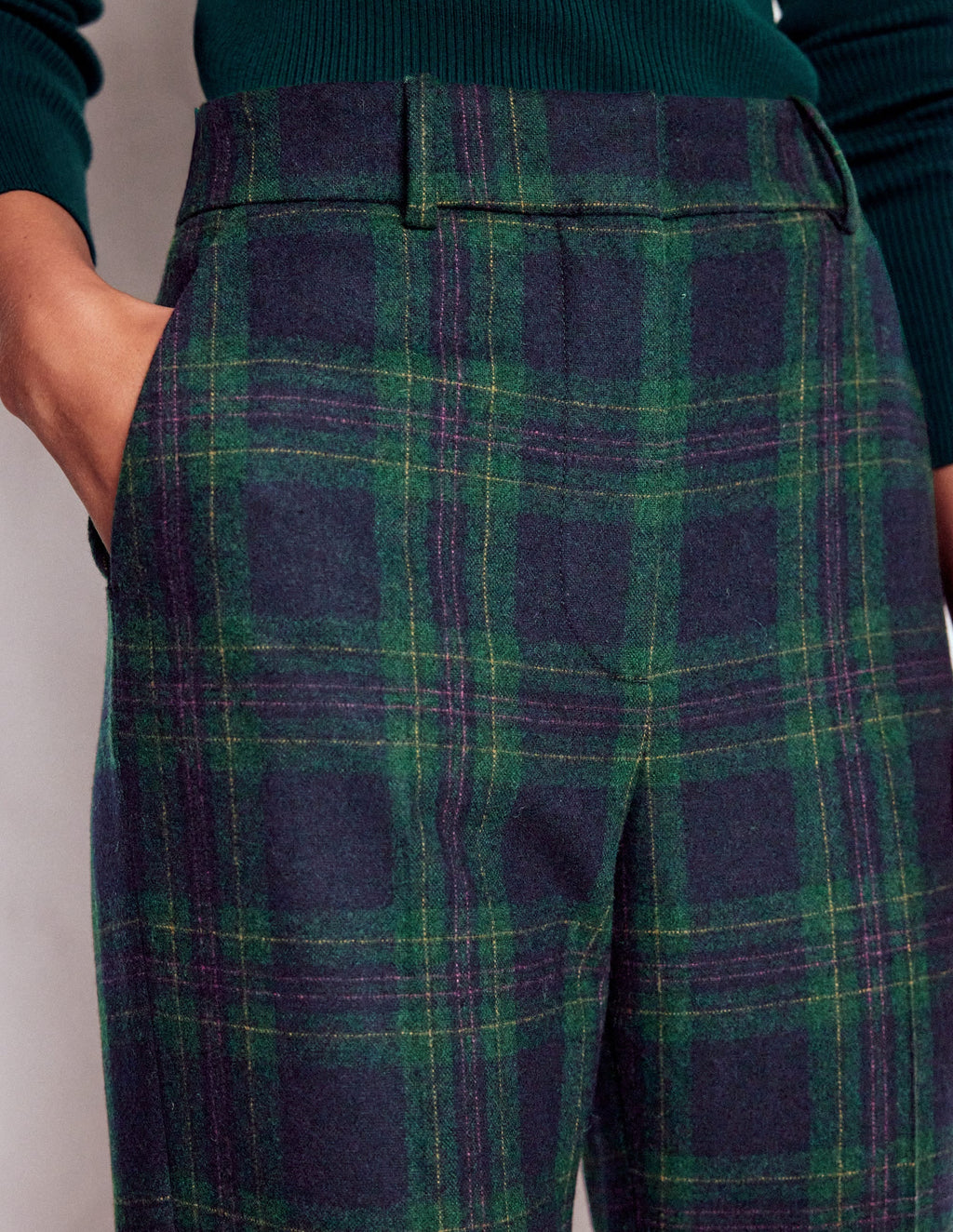 Canonbury Wool Blend Pants-Navy and Green Tonal Check