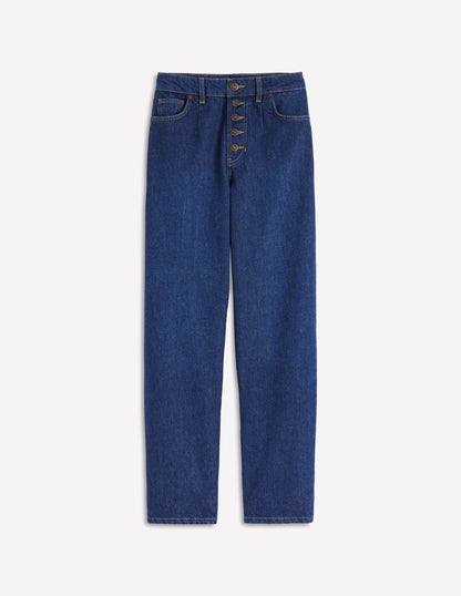 Exposed Button Straight Jeans-Indigo