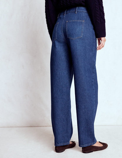 Exposed Button Straight Jeans-Indigo