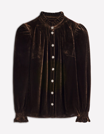 Lorna Pleat Neck Velvet Top-Espresso