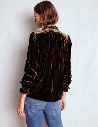 Lorna Pleat Neck Velvet Top-Espresso