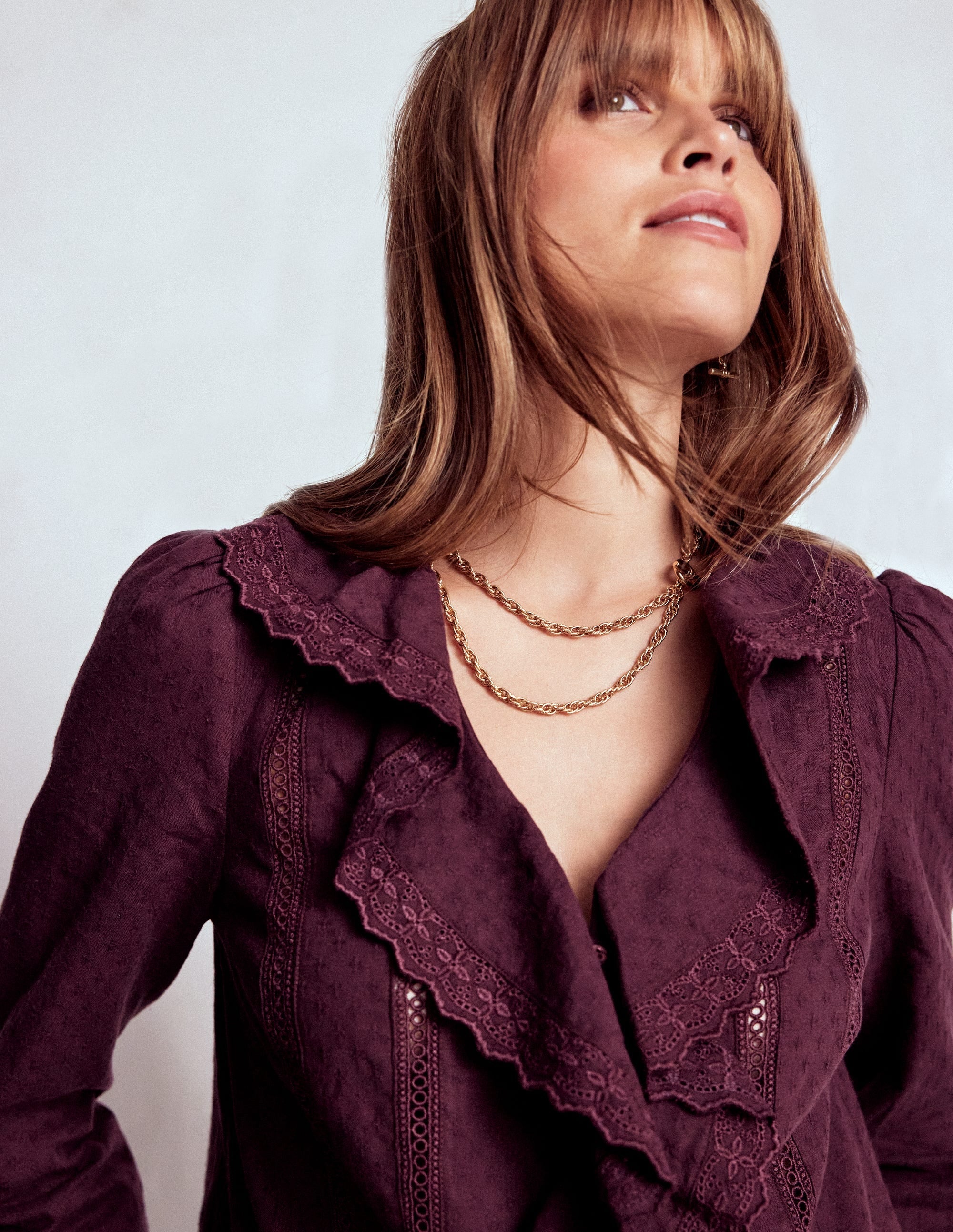 Ruffle Embroidered Blouse-Dark Cherry