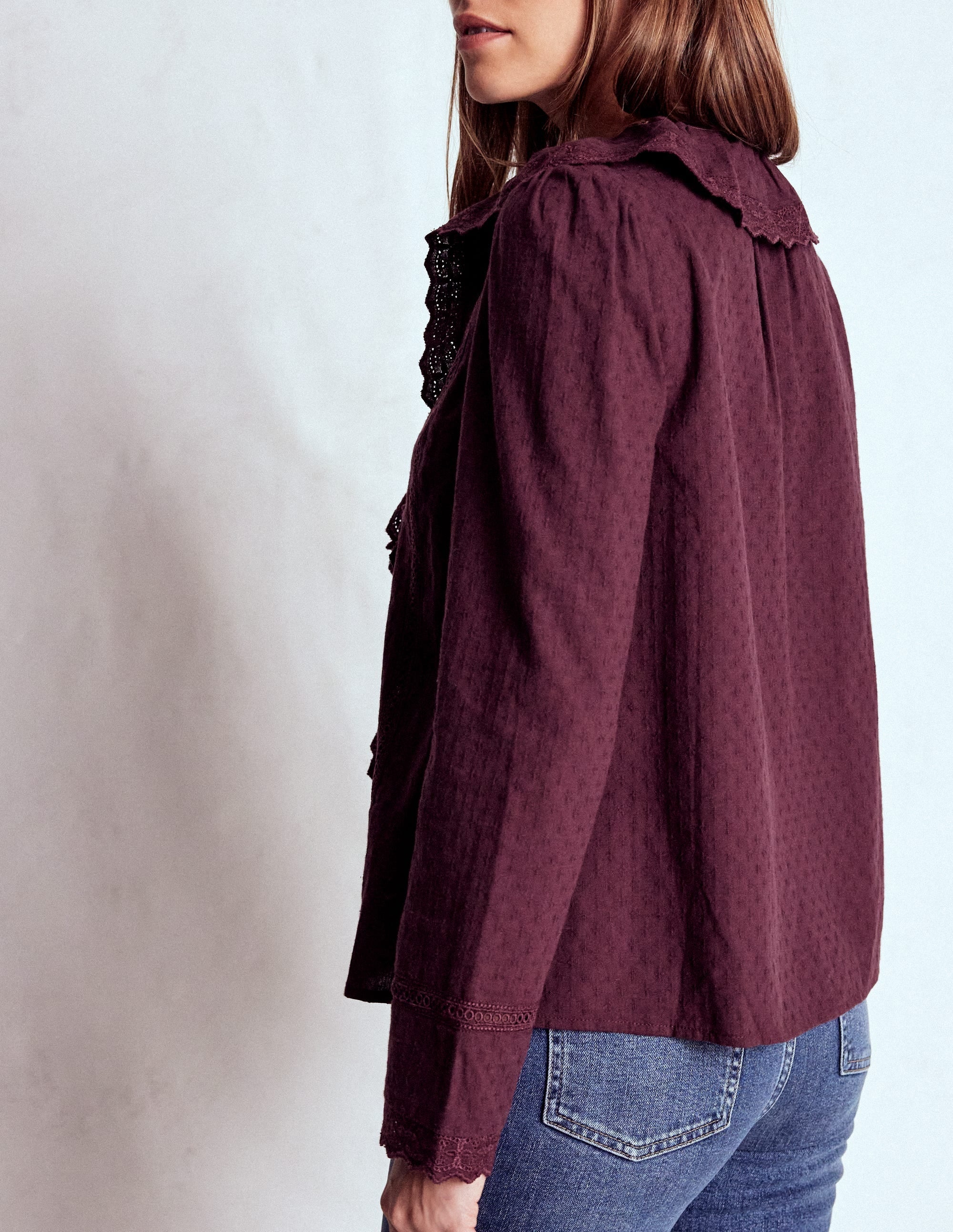 Ruffle Embroidered Blouse-Dark Cherry