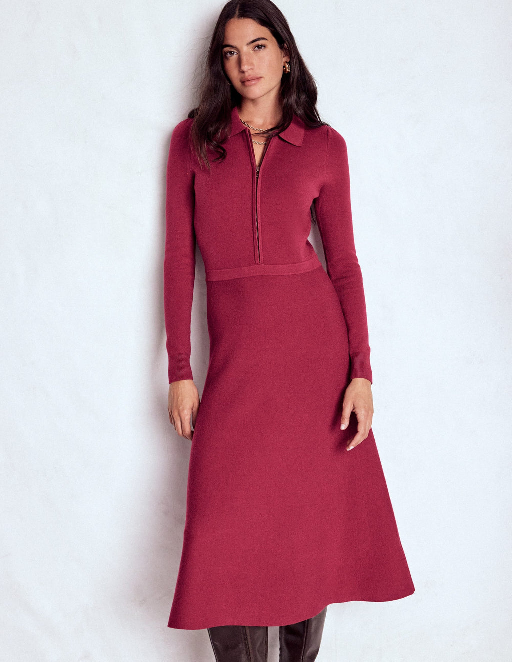 Fiona Zip Front Knitted Dress-Ruby Red