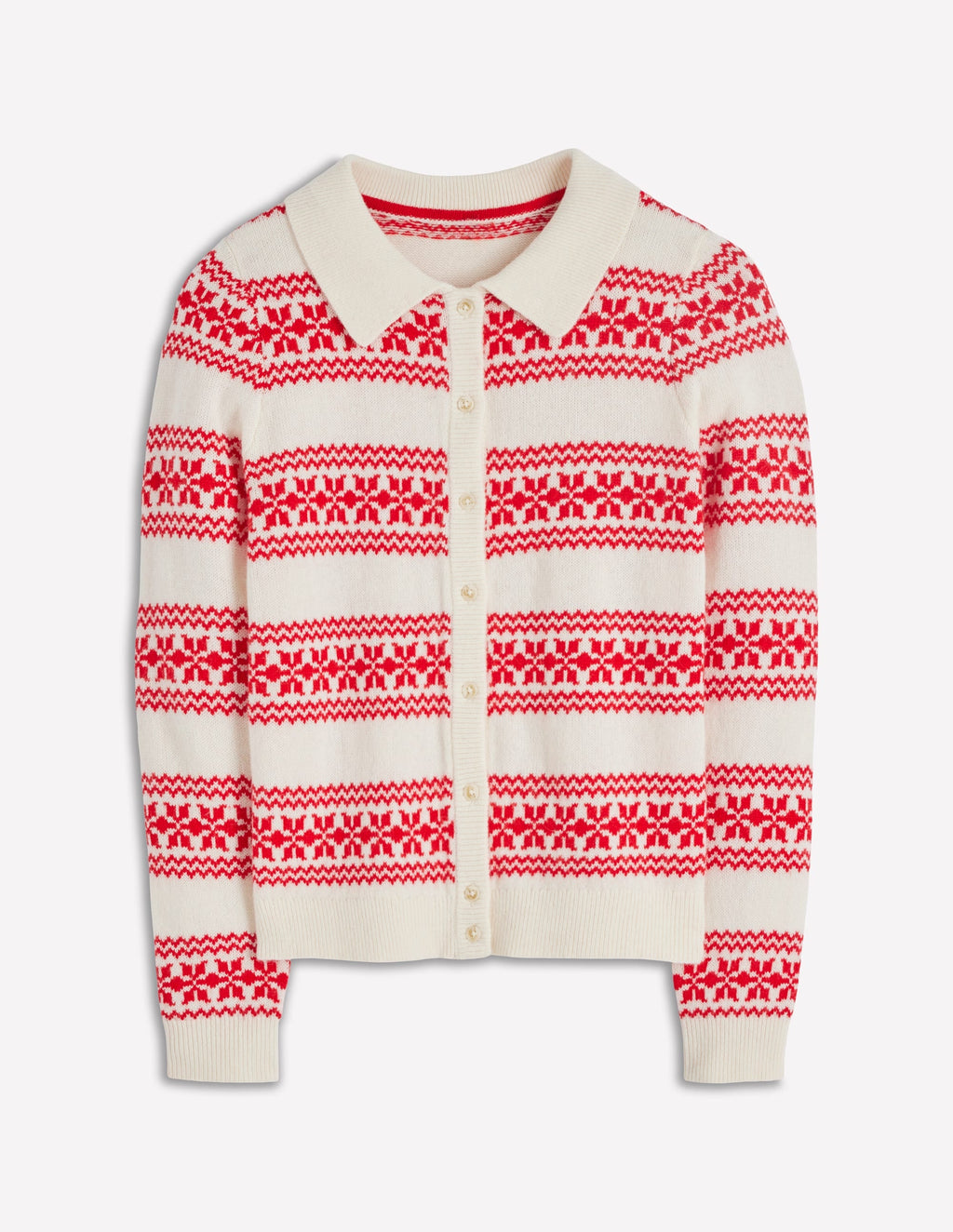 Edie Fair Isle Knitted Shirt-Warm Ivory, Red Fair Isle