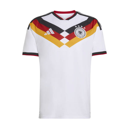 Men's Germany home soccer jersey, white with multicolor V graphic and round crest