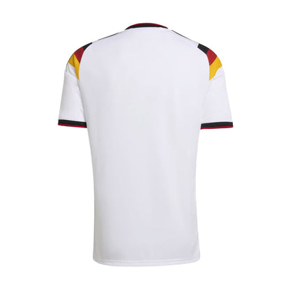 Men's Germany home soccer jersey back view in white with red and black sleeve trim