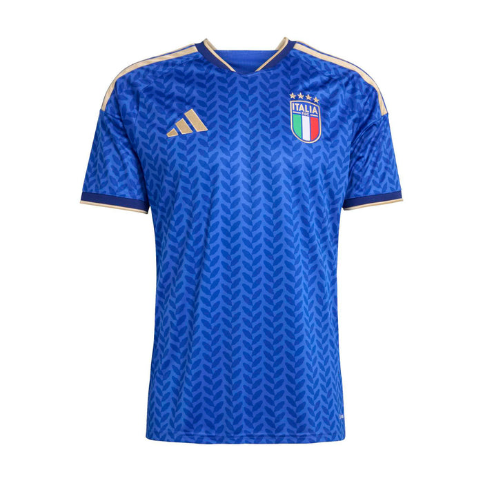 Mens blue soccer jersey with V-neck trim, adidas logo, and Italy crest
