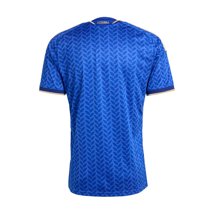 Mens blue soccer jersey back with Azzurra text and patterned fabric