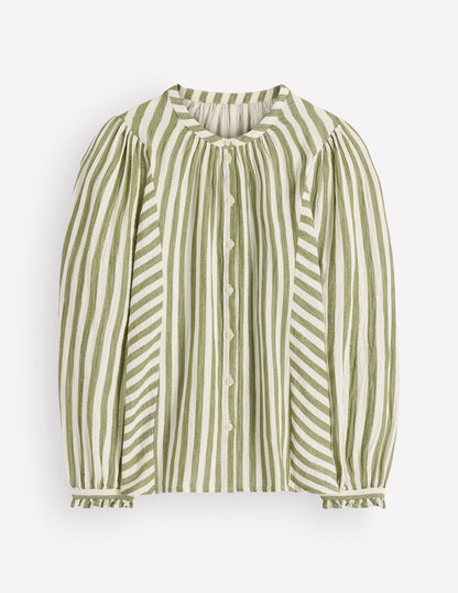 Camille Double Cloth Top-Olive, Ivory Fine Stripe