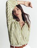 Camille Double Cloth Top-Olive, Ivory Fine Stripe