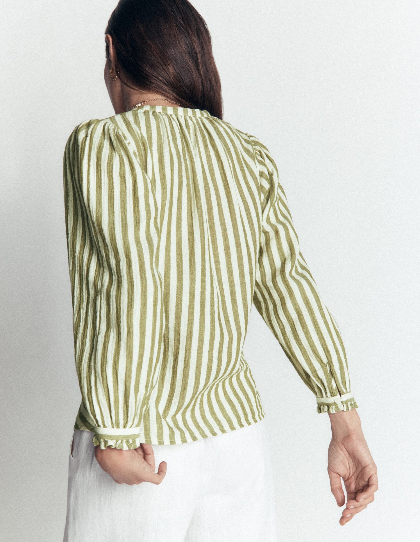 Camille Double Cloth Top-Olive, Ivory Fine Stripe