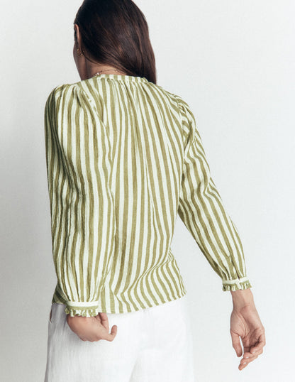 Camille Double Cloth Top-Olive, Ivory Fine Stripe