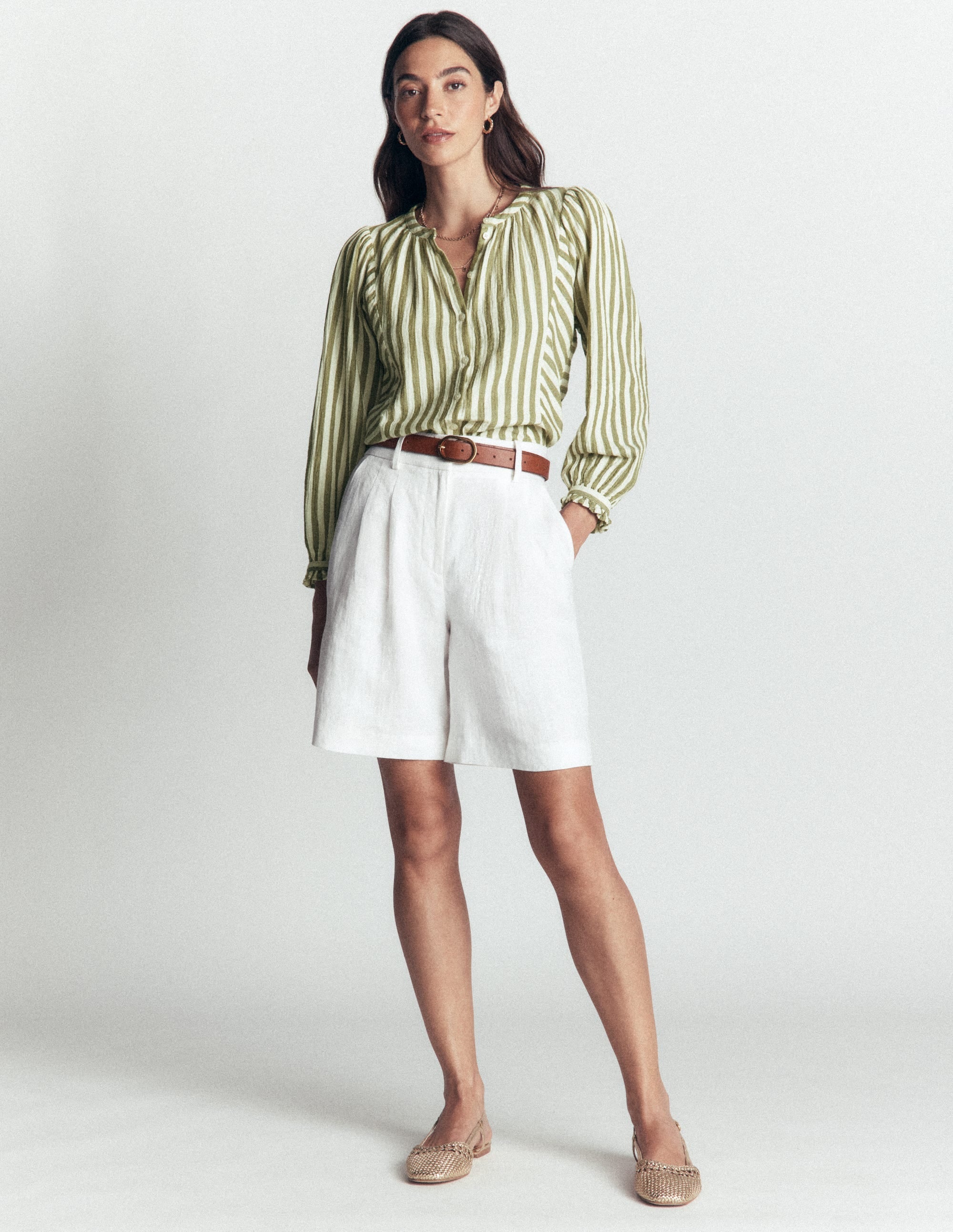Camille Double Cloth Top-Olive, Ivory Fine Stripe
