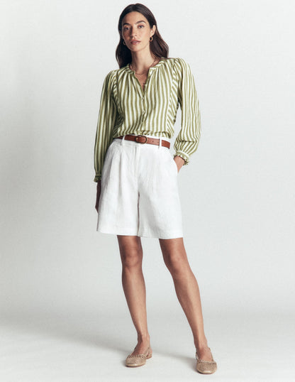 Camille Double Cloth Top-Olive, Ivory Fine Stripe