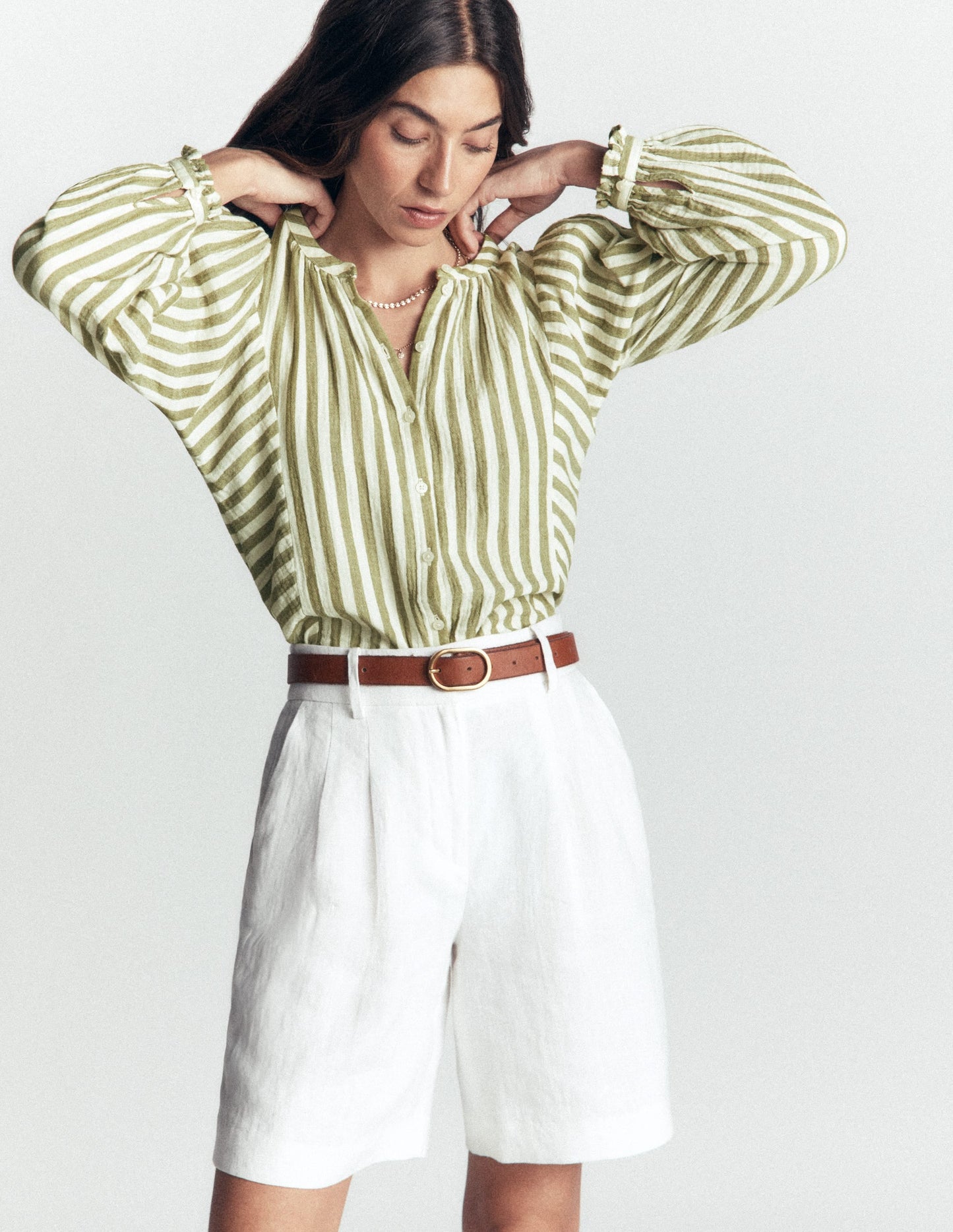 Camille Double Cloth Top-Olive, Ivory Fine Stripe
