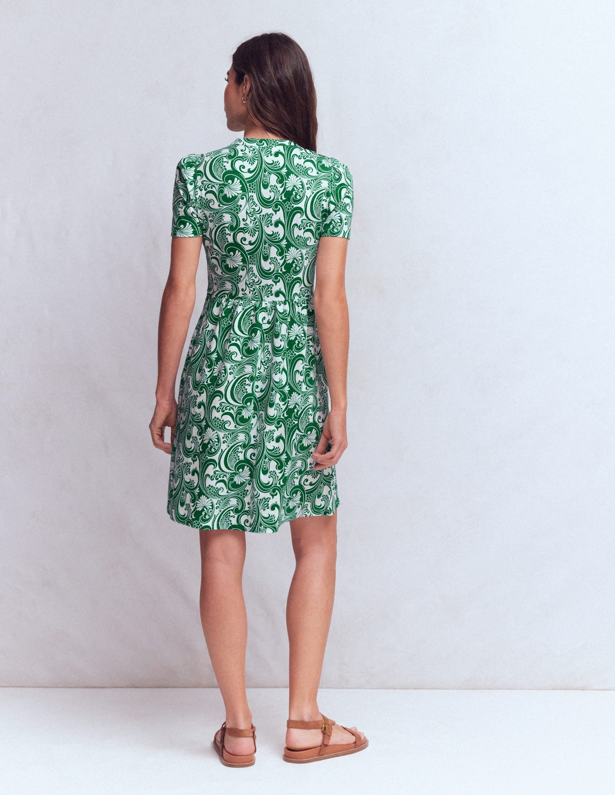 Naomi Short Sleeve Dress-Jewel Green, Foliage Whirl