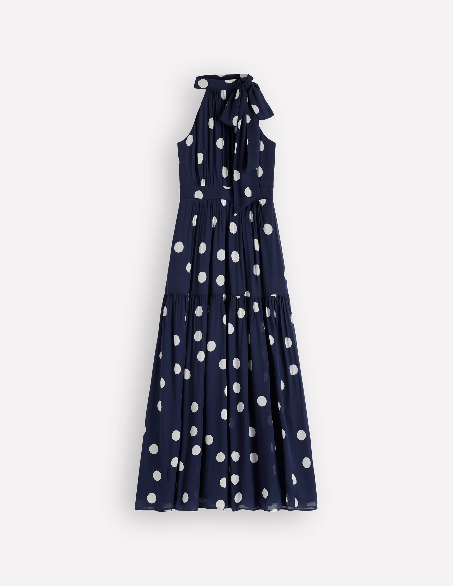 Roisin Tie Neck Maxi Dress-Navy Painted Dot Spaced