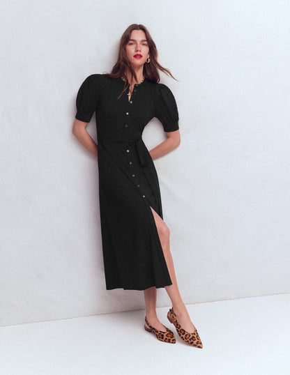 Puff Sleeve Ponte Shirt Dress-Black