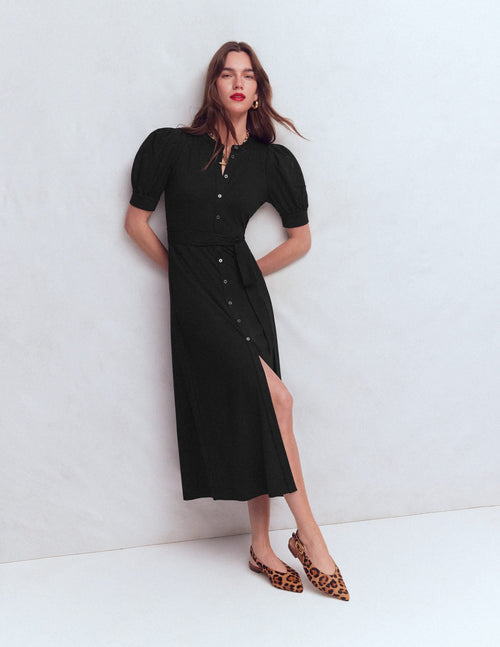 Puff Sleeve Ponte Shirt Dress-Black