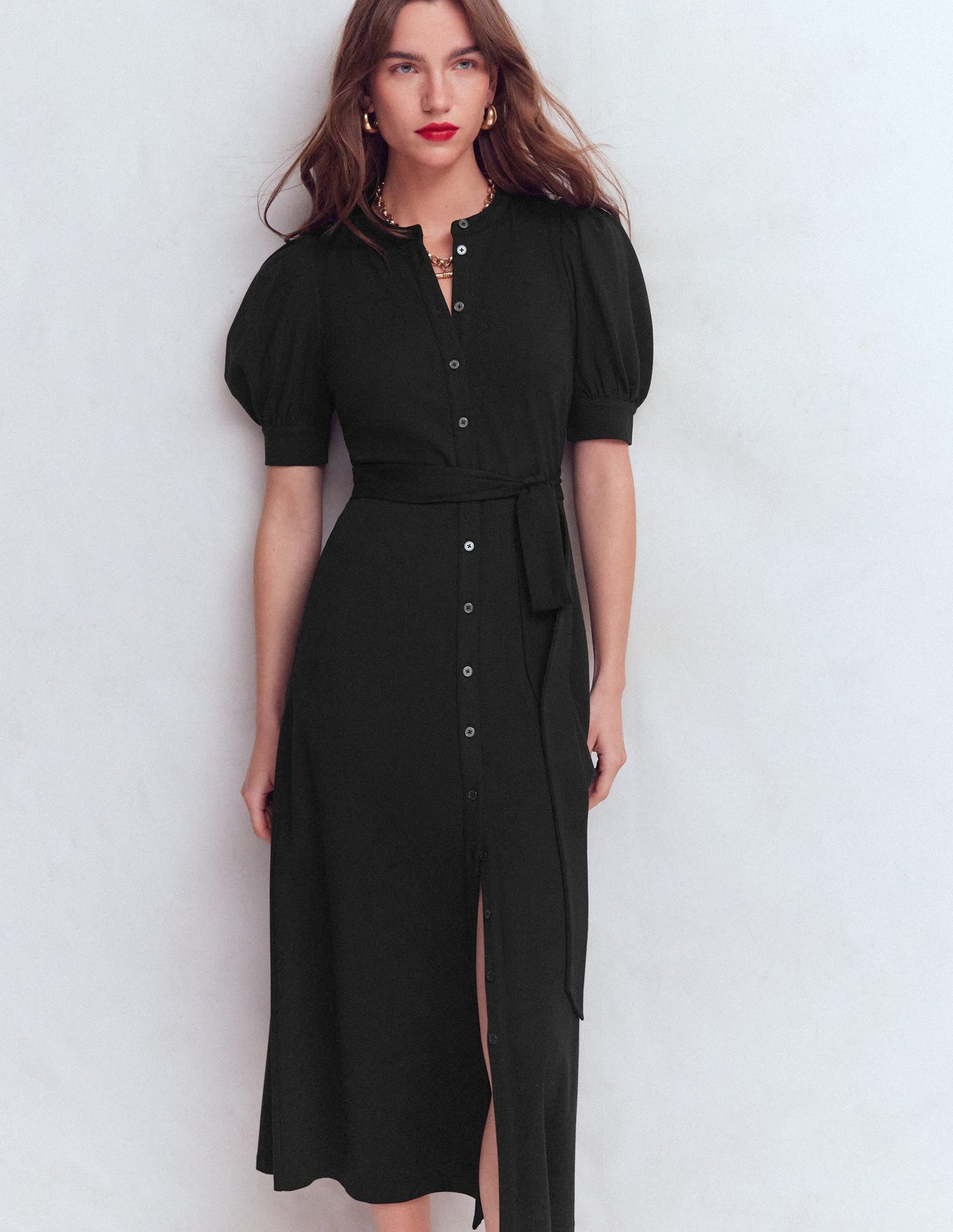 Puff Sleeve Ponte Shirt Dress-Black