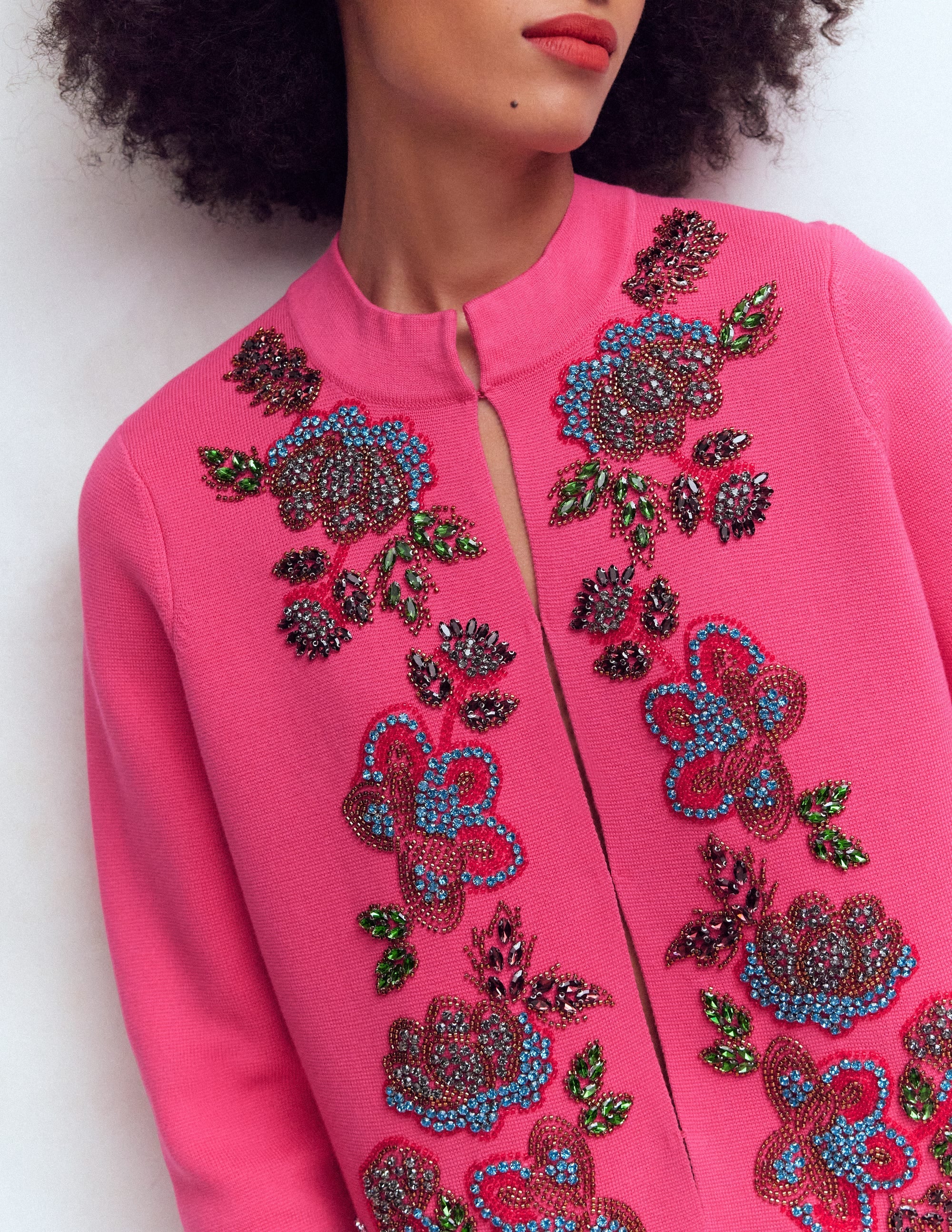 Elena Stand Neck Jacket-Pink Embroidery
