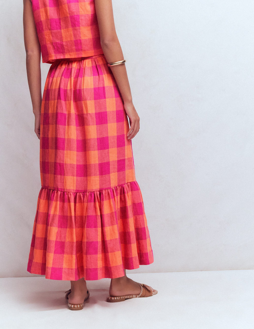 Abigail Linen Maxi Skirt-Zesty Orange, Pink Gingham