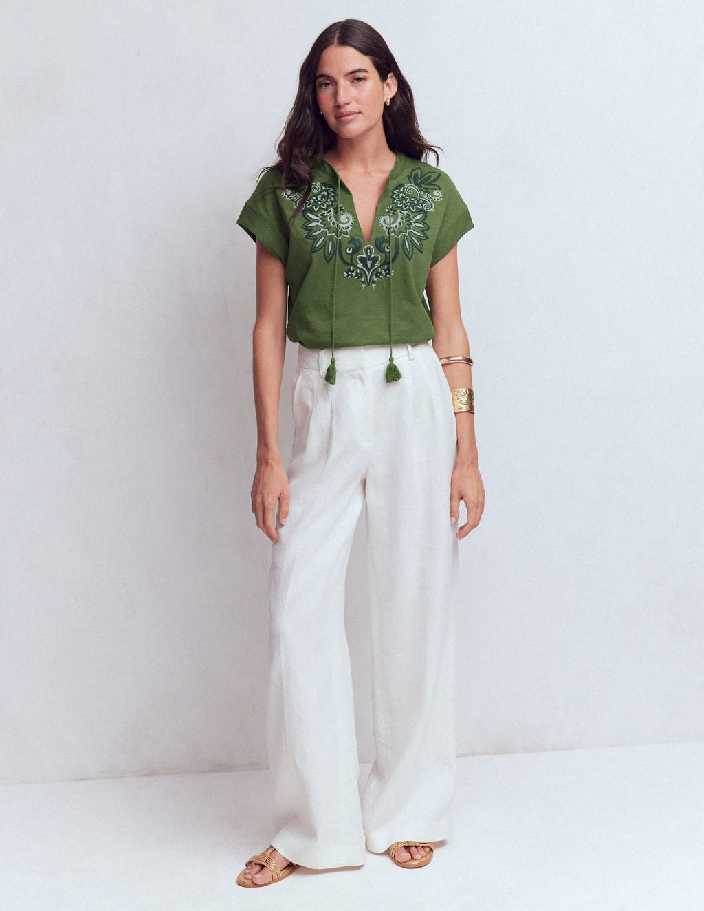 Nina Embroidered Notch T-shirt-Safari Green