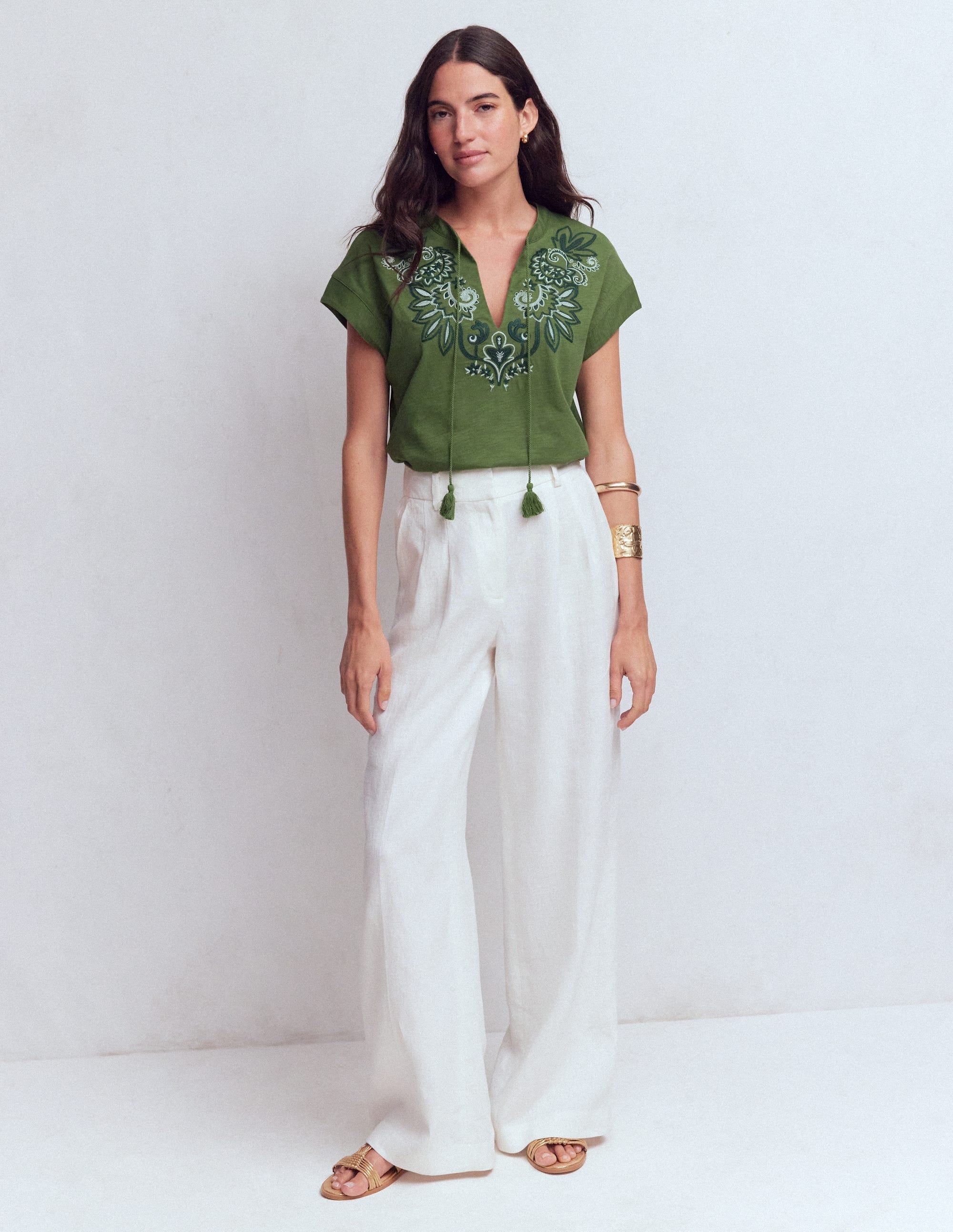 Nina Embroidered Notch T-shirt-Safari Green