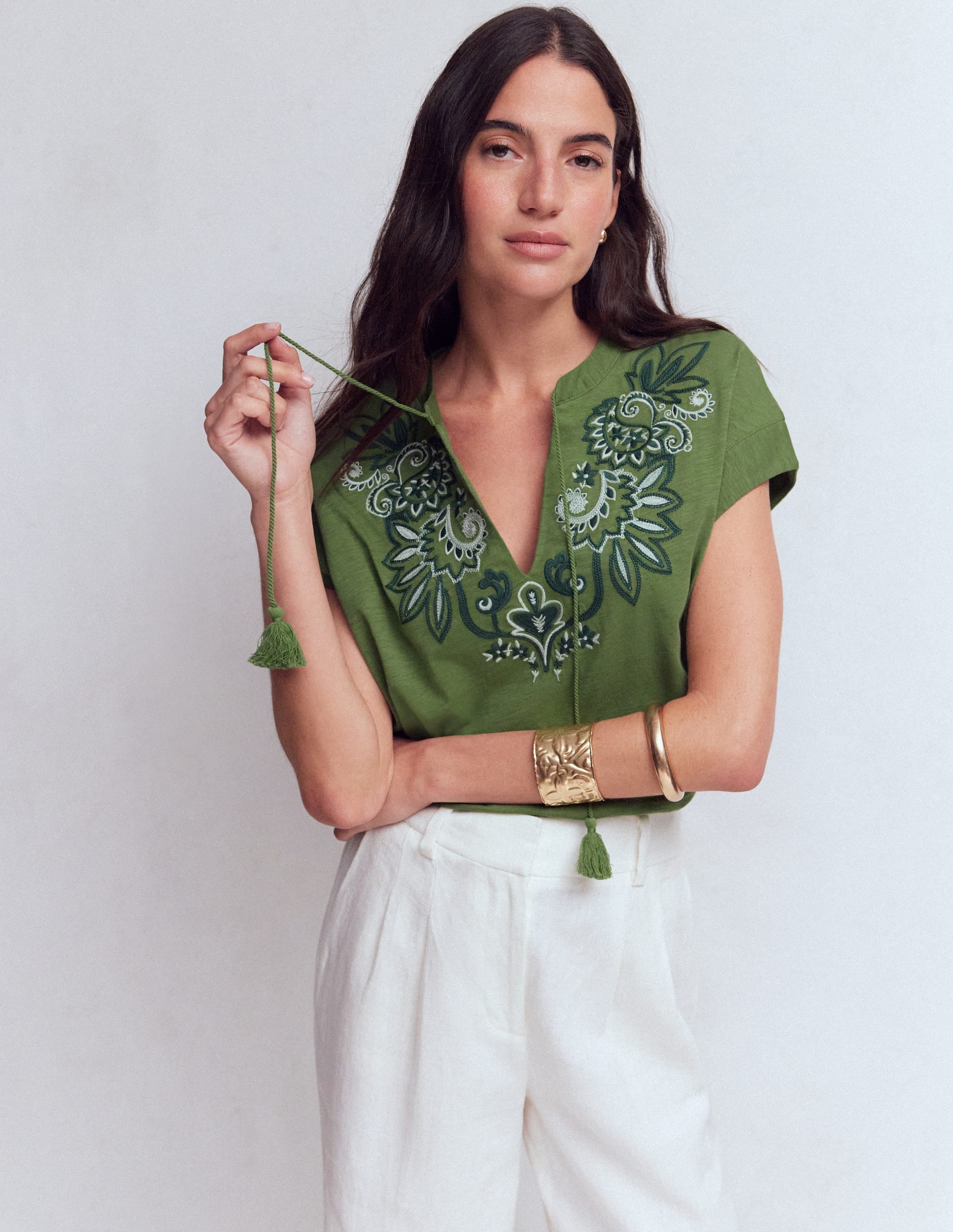 Nina Embroidered Notch T-shirt-Safari Green