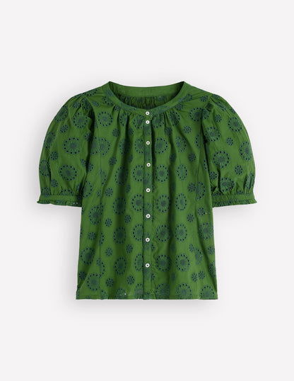 Camille Embroidered Cotton Top-Promenade Green Broderie