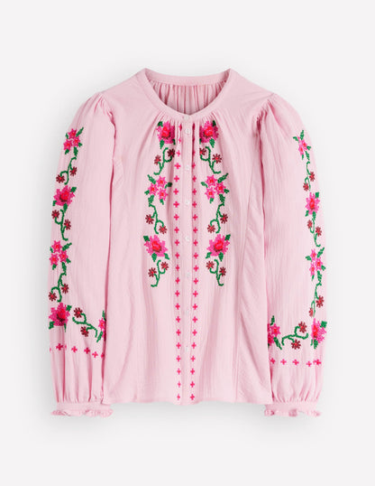Camille Double Cloth Top-Spring Blossom Pink Embroidery