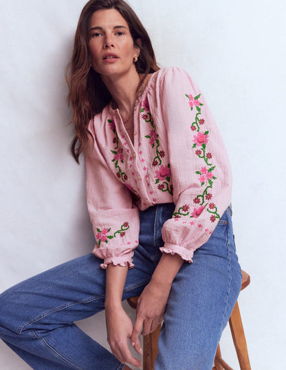 Camille Double Cloth Top-Spring Blossom Pink Embroidery