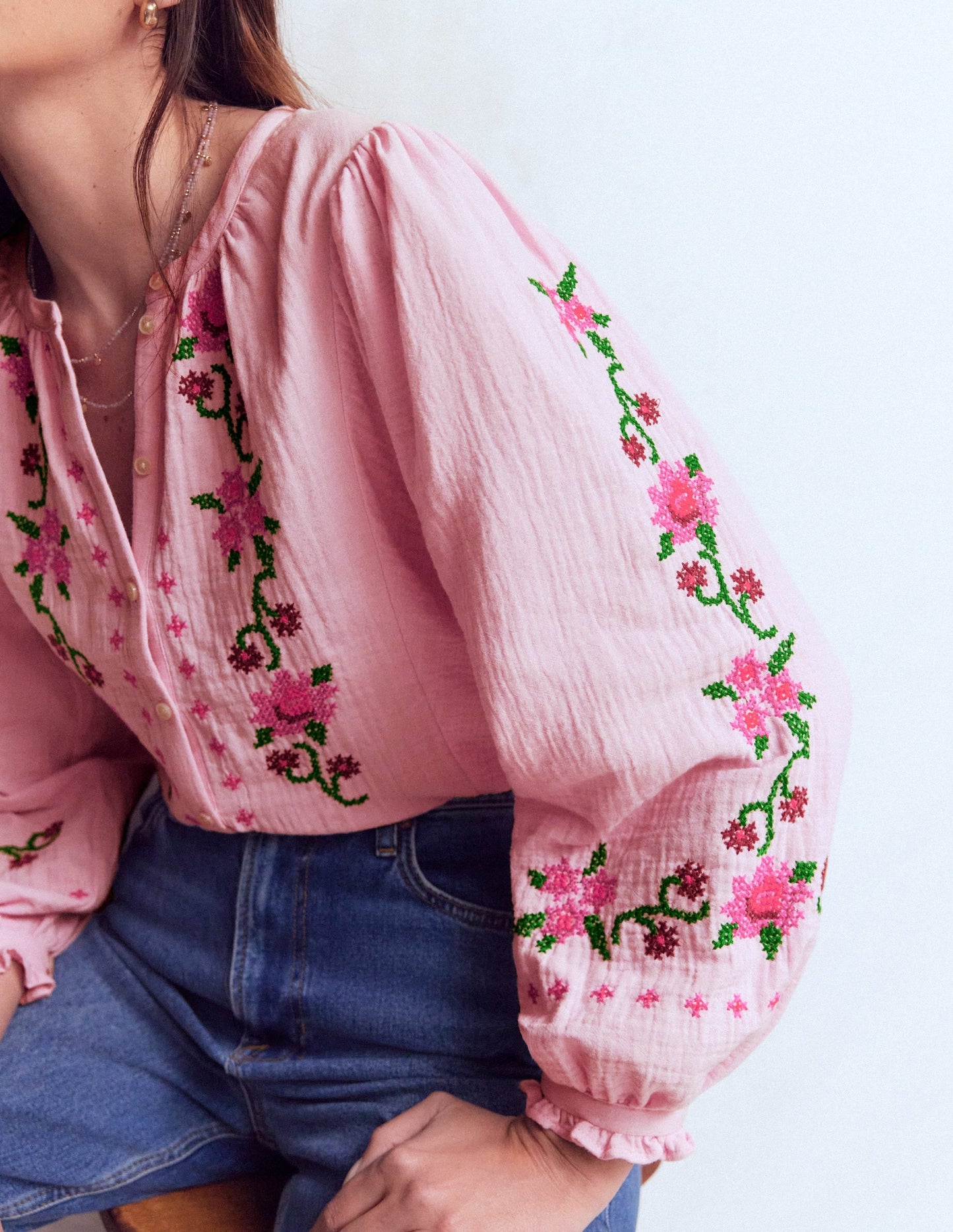 Camille Double Cloth Top-Spring Blossom Pink Embroidery