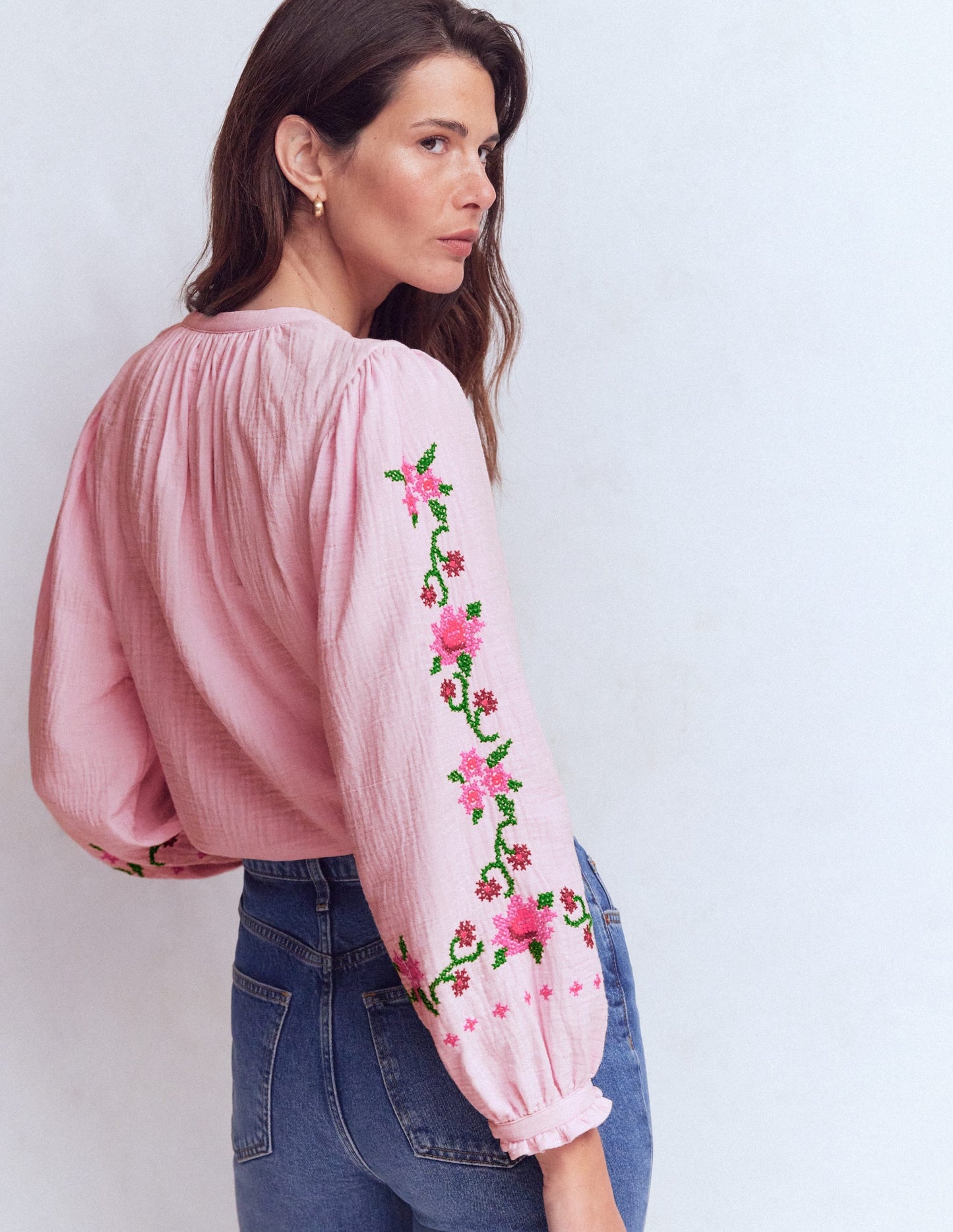 Camille Double Cloth Top-Spring Blossom Pink Embroidery