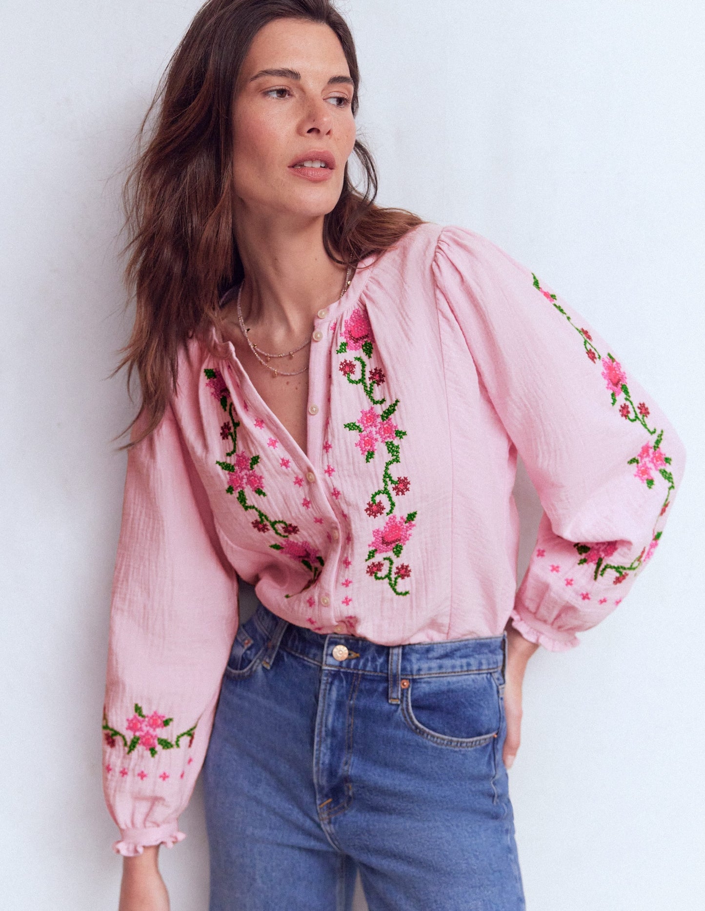Camille Double Cloth Top-Spring Blossom Pink Embroidery