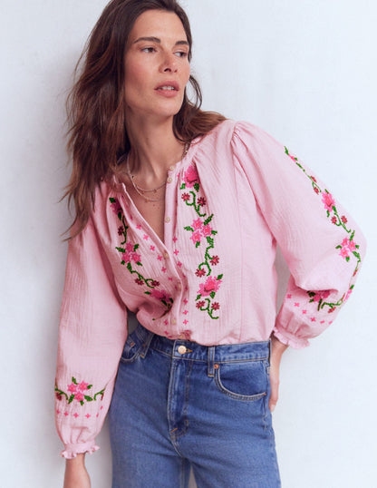 Camille Double Cloth Top-Spring Blossom Pink Embroidery